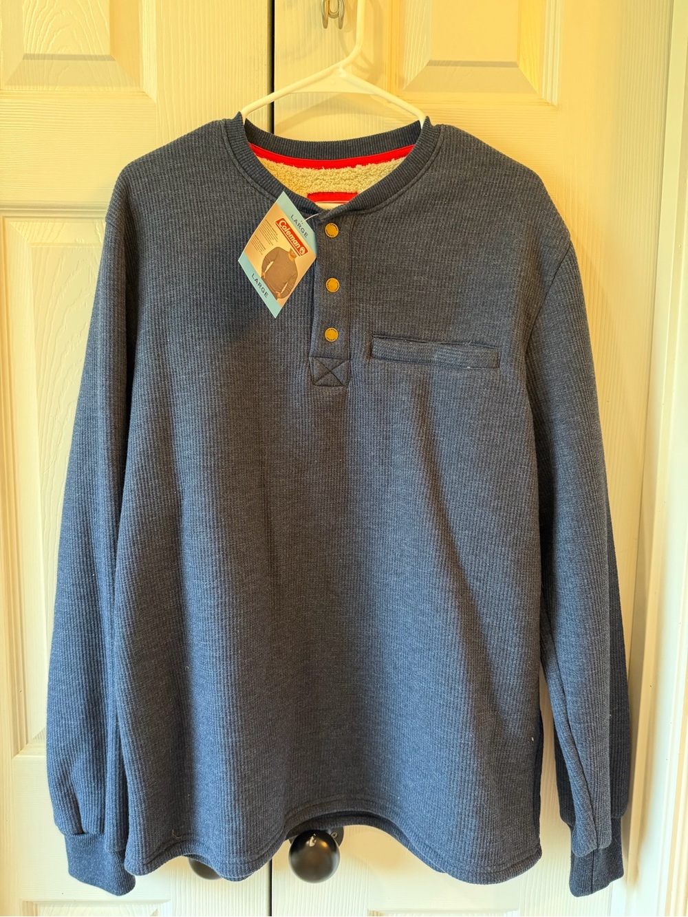 Coleman Navy Waffle Henley Sweatshirt with Red Neck Trim fleece lined size L